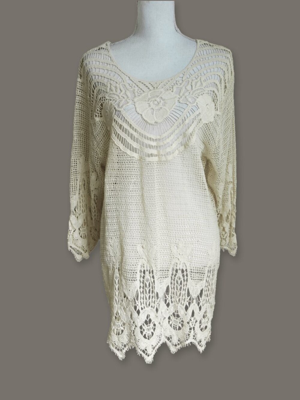 Forgotten Grace White Lace Top Crochet Bell Sleeve Batik Open Weave Romantic top